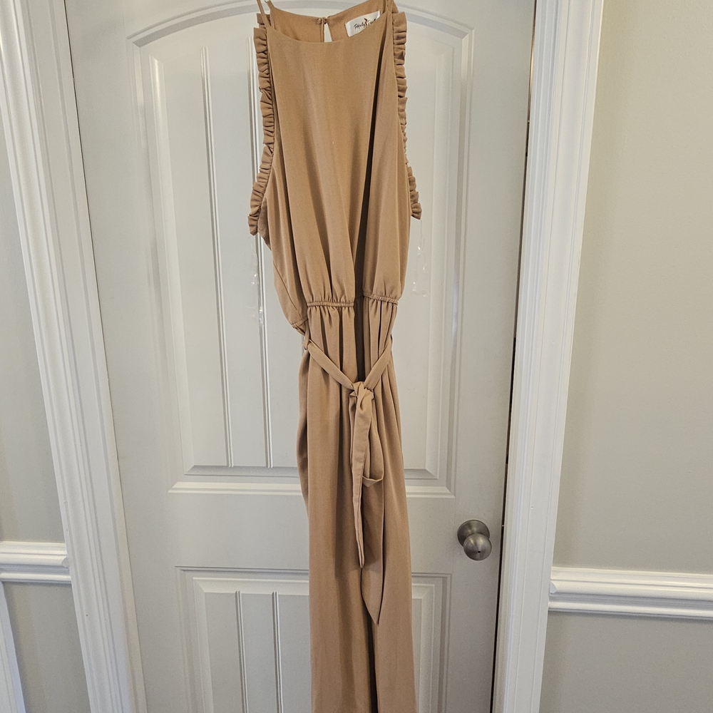 Sleeveless Ruffle-Trim Jumpsuit in Camel